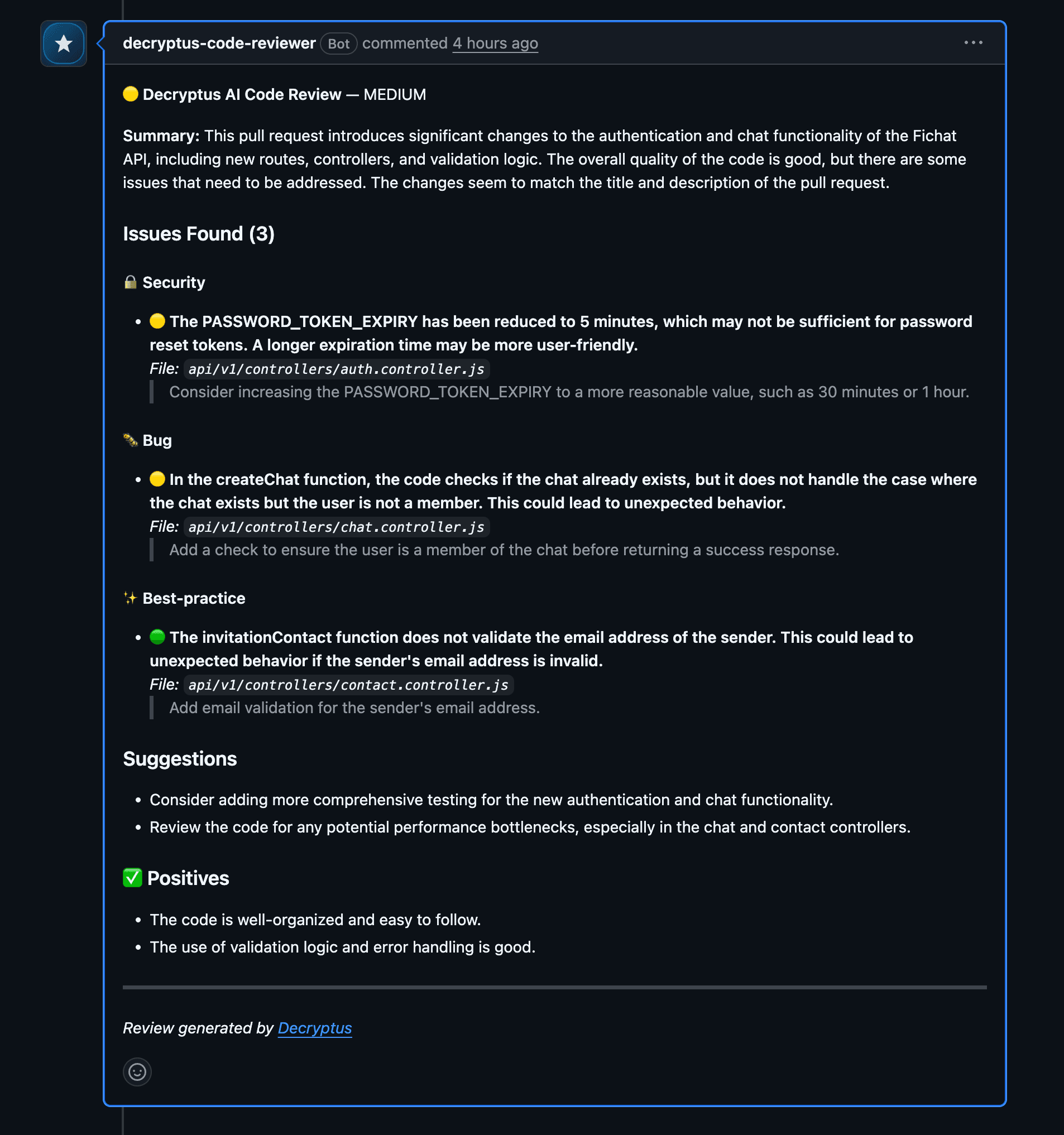 AI review comment posted on a GitHub pull request
